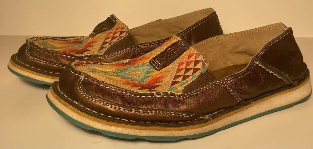 Ariat Women's Brown Leather Slip-On Flats Southwestern Geometric Round Toe